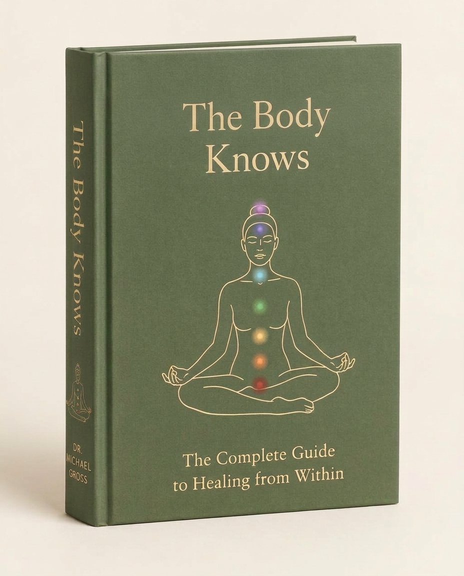 Hardcover of The Body Knows in sage green with a gold meditating figure and seven chakra points